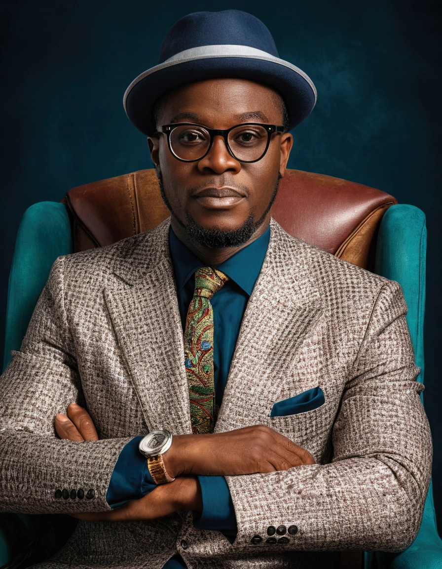 ((Masterpeice, 8k))there is a man wearing a hat and glasses sitting in a chair, adebanji alade, portrait n - 9, by Chinwe Chukwuogo-Roy, edited, handsome man, taken in the early 2020s, bahamas, [ digital art, looking smart, photograph taken in 2 0 2 0, george pemba, serious business
