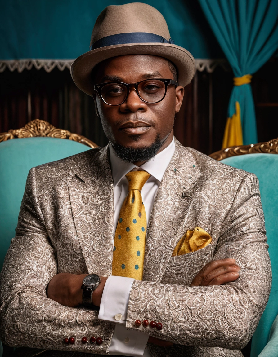 ((Masterpeice, 8k))there is a man wearing a hat and glasses sitting in a chair, adebanji alade, portrait n - 9, by Chinwe Chukwuogo-Roy, edited, handsome man, taken in the early 2020s, bahamas, [ digital art, looking smart, photograph taken in 2 0 2 0, george pemba, serious business