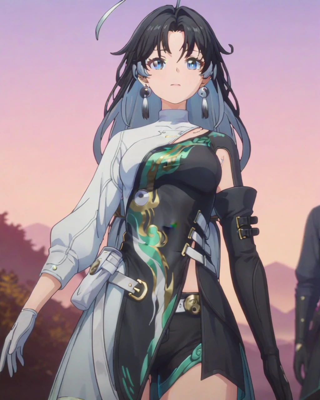 masterpiece,best quality,outdoors,standing,cowboy shot,looking at viewer,
jianxin,1girl,solo,gloves,jewelry,earrings,black hair,multicolored hair,long hair,white gloves,black gloves,long sleeves,clothing cutout,bangs,ahoge,yin yang,anime screencap,