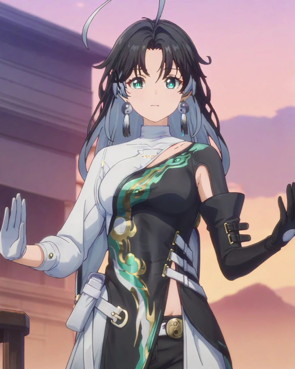 masterpiece,best quality,outdoors,standing,cowboy shot,looking at viewer,
jianxin,1girl,solo,gloves,jewelry,earrings,black hair,multicolored hair,long hair,white gloves,black gloves,long sleeves,clothing cutout,bangs,ahoge,yin yang,anime screencap,