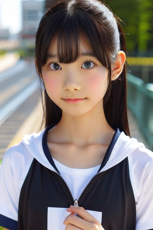 Very young Japanese,14 years old,Sportswear,Track and field club,big breasts:1.0,Black Hair,Long Hair,Soft lips,Fine skin,(Glowing Skin),(masterpiece:1.4),(Highest quality:1.4),Track and field club,white background,fullshot,standing posture,top-down view
