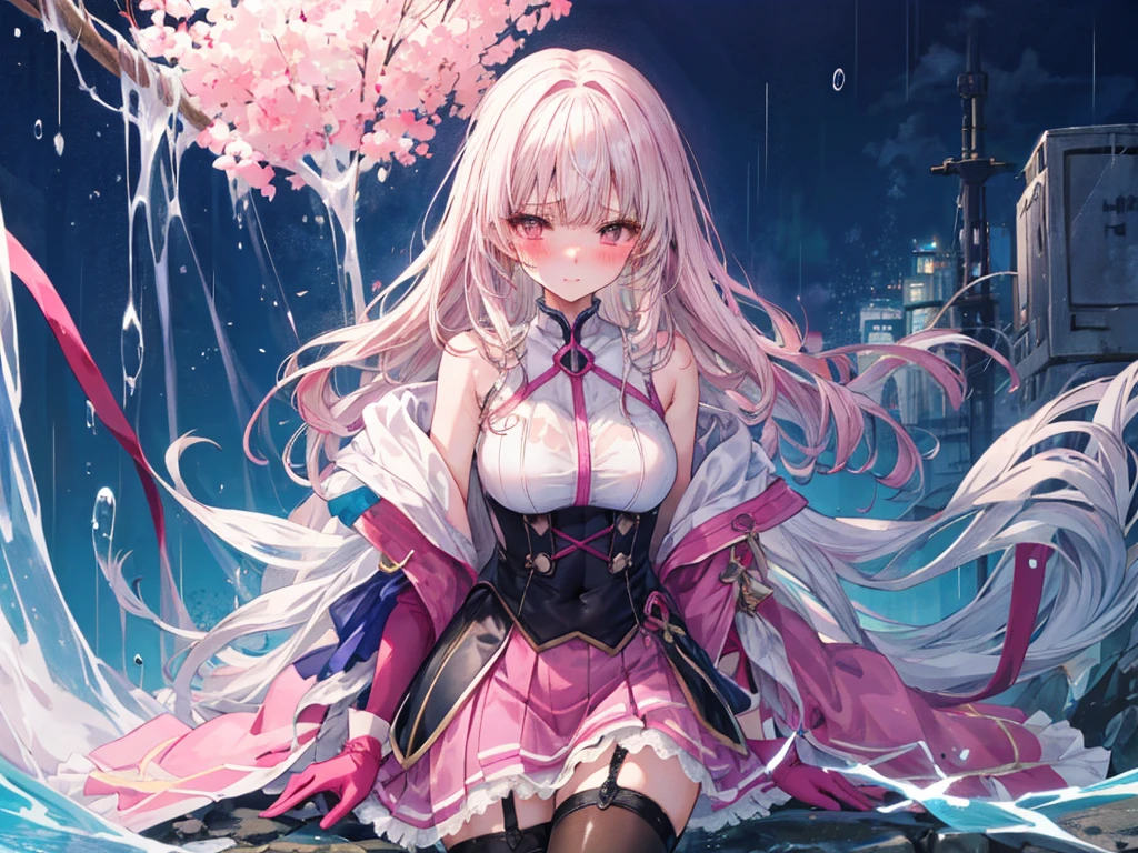 Full-body depiction on screen,　Very little girl　Very short stature　Very large breasts　Very large and swollen breasts　Two very large bulges in the chest　Blushed　Small Mouth　Clothes that got wet in the rain and became transparent　Clothes are wet with sweat and transparent　Shiny skin　衣類がRubber luster　smile　Frowning　Embarrassed expression　A very dark room in the middle of the night　Baby Face　clear　Pathetic　beautiful girl　Background of the auction venue　Hot pink round bed rubber　Sitting　Wet and see-through shocking pink long sleeve rubber　A shocking pink rubber super long skirt that becomes transparent when wet　super curly hair　Super long sideburns　A shocking pink rubber frill dress that becomes transparent when wet　A shocking pink rubber super long skirt that becomes transparent when wet　Wet and see-through shocking pink rubber stockings　Shocking pink rubber extra long gloves that become transparent when wet　　hot pink garter belt　Beautifully decorated clothing　Patheticなbeautiful girl　Big eyes　Big eyes　Droopy eyes　Shocking Pink Rouge　Shocking pink rubber long boots that become transparent when wet　My whole body is wet with sweat　The whole body is wet from rain　See-through clothing　Platinum blonde super long hair　The skin is wet with sweat　My skin is shining with the rain.　Sweat makes clothes stick to the skin　Rubber luster　See-through late night　moonlight
