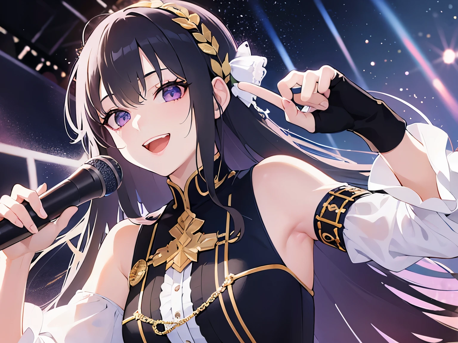 BREAK(idol)BREAK,Realistic,Real person,(Pale skin: 1.2),RAW Photos,Realistic,Shiny skin,Shiny Hair,(A 25-year-old woman with straight hair and bangs)and(Medium Hair)and(Black Hair)and(Purple eyes),(smile:1.5),(Open your mouth),The background is the stage,alone,(Sing with a microphone:1.5),(Biologically correct5refer to),Upper Body,hair accessory