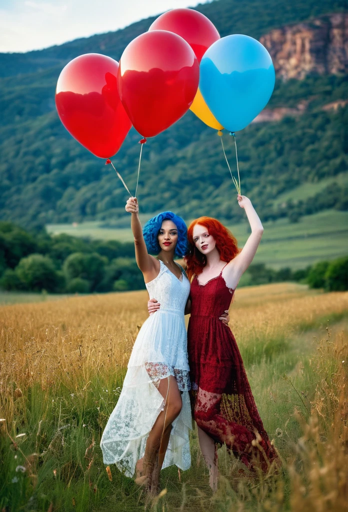 1 Beautiful biracial blue hair woman with another 1 beautiful red head woman, full body, lace dress, in large valley, lot of ballons float around