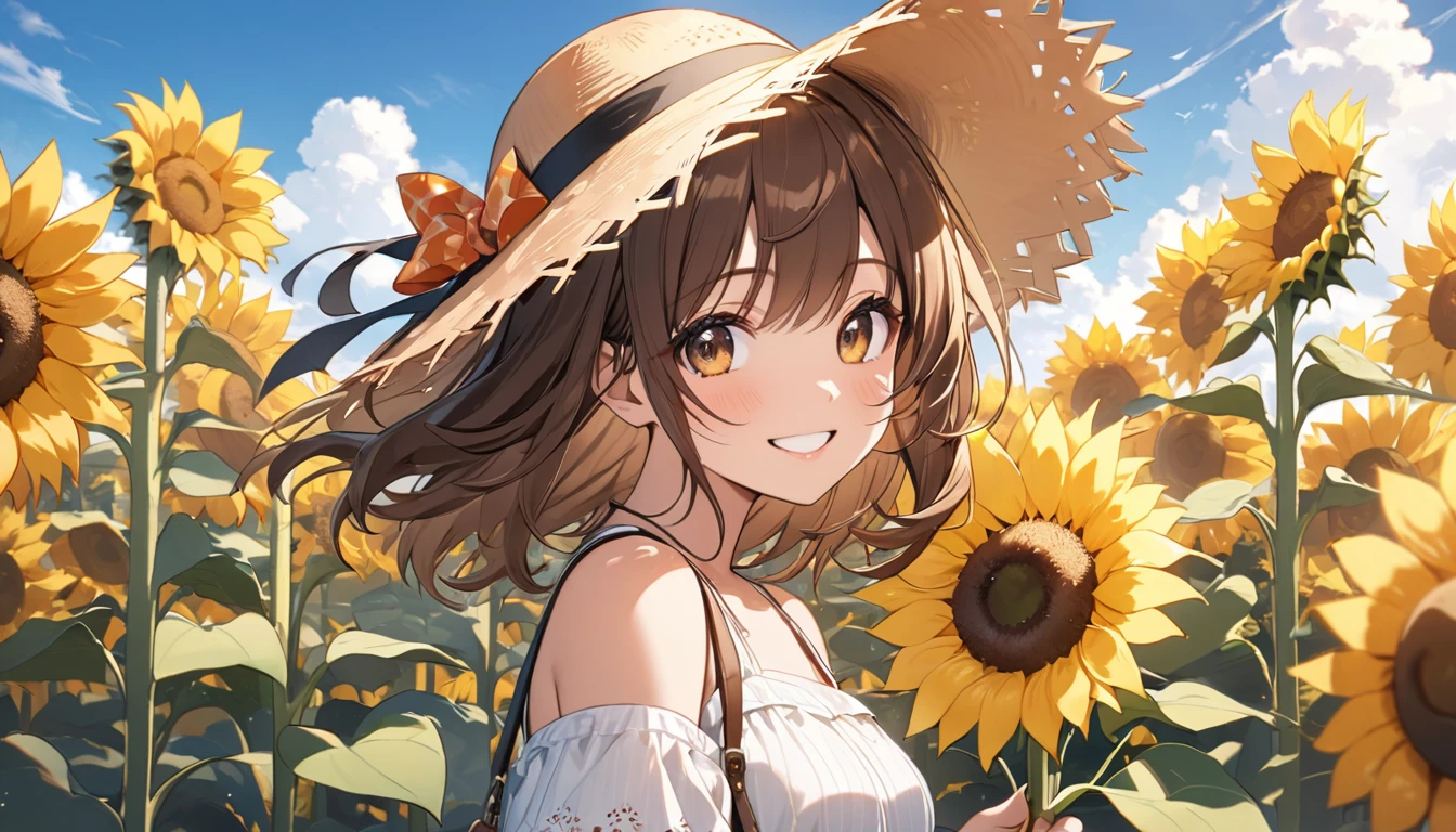(Highest quality)Girl in a sunflower field,Brown hair and wearing a straw hat,smile
