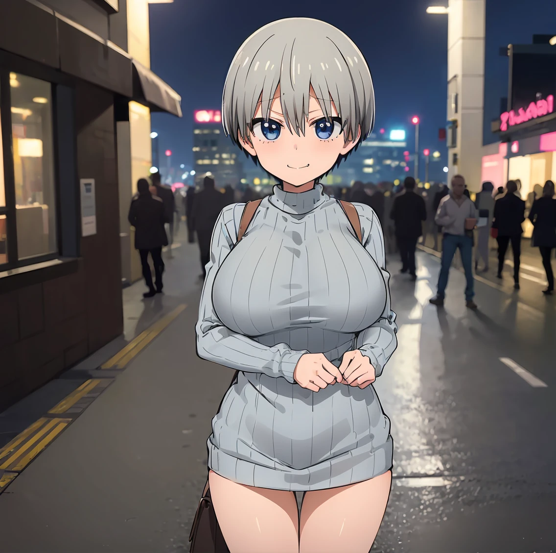 ((1girl)),((alone)),uzaki hana,(masterpiece), (best quality), (ultra detailed), (best illustration), (best shadow), (absurdities), sharp focus, cowboy photo , looking at the viewer, big breasts, narrow waist, wide hips, wide thighs, round butt, dynamic posture, gray hair, short hair, hair between the eyes, bangs, blue eyes, fangs, huge breasts, gray sweater dress, sweater ribbed,bare legs,smirking,closed mouth, (sexy pose:1.2), alone,standing:1.3, outdoor,night,cityscape, city,streets,city lights,looking forward, ((focus on breasts )), pov (from above), red blush, perfect anatomy, perfect hands