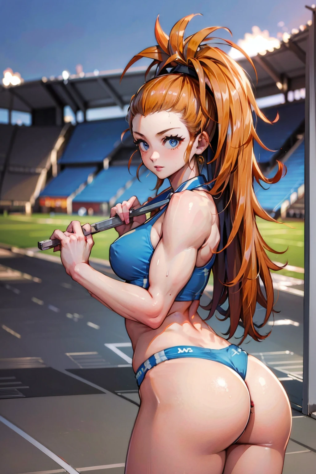 (track and field, Stadium:1.2), (rim lit), (Detailed face:1.1), 1girll, Solo, Smile, Captain Mizuki, one-punch man, A high resolution, Muscular female, Breasts, Orange hair, Sports bra, Upper body, High ponytail, Long hair, medal, Sweat, steams, steamed body, murata yuusuke, Big ass, Big breasts, big thighs, Super tight sporty, Nsfw, micro Thong, POV , pussy 