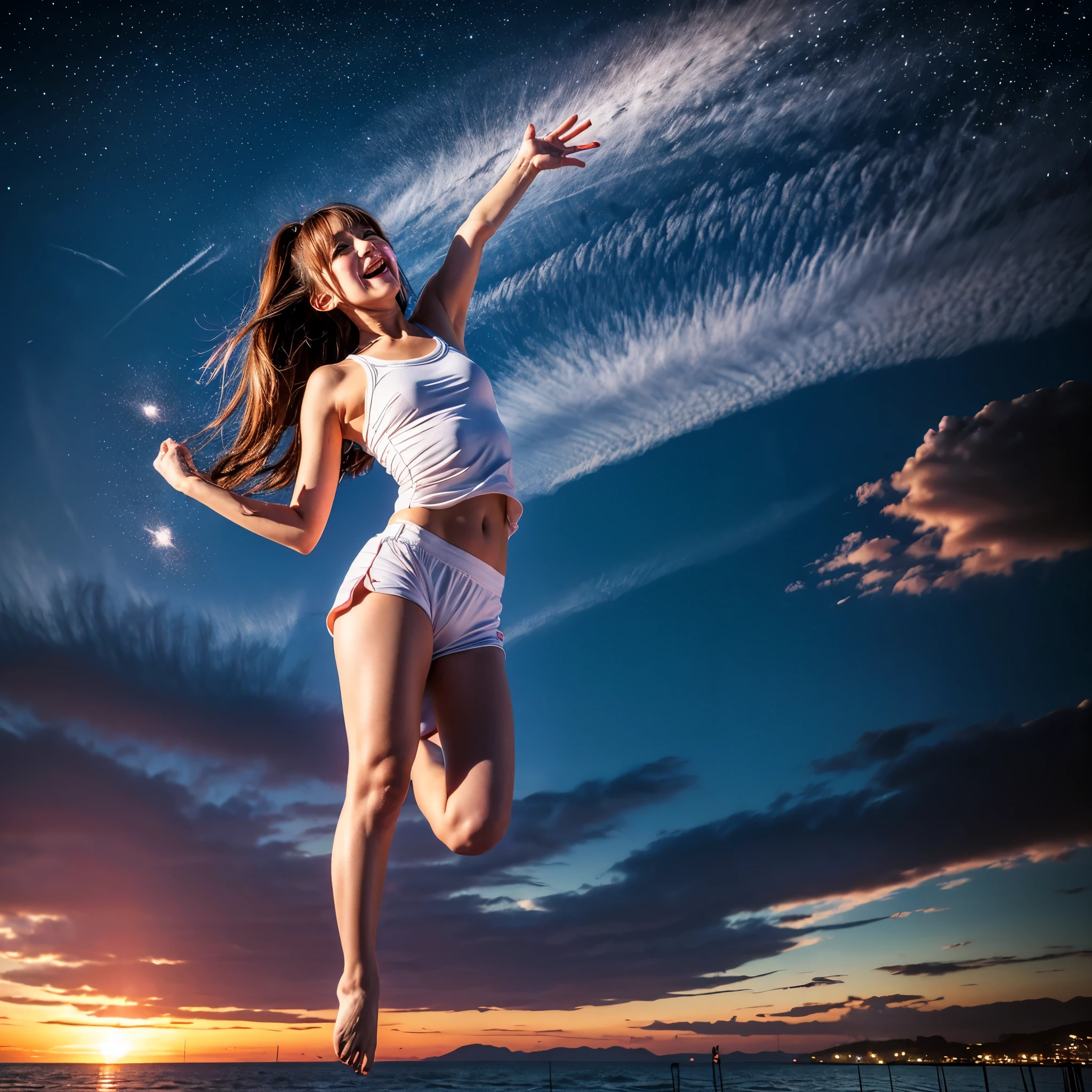 ((ExtremelyDetailed ( KAWAII Girl Floating in the Air:1.37) in WHITE at Dusk Enoshima Beach)), (masterpiece 8K TopQuality) (ProfessionalPhoto:1.37), {(Standing Full Body:1.2)|(from below:1.2)}, Different types of hair colors, {(White skinny(School Swimwear))|(SchoolUniform with WhiteSkinny LowRise shorts)}, {Detailed Childish hand|Hidden hand|Armpit|Different types of breasts of various sizes from HUGE to FLAT|(Clearly Visible the shape of Butt)}, Joyful Expressions LifeLike Rendering, PerfectLighting, Dazzling Horizon, (Starry IridescentParticles) ColorfulClouds