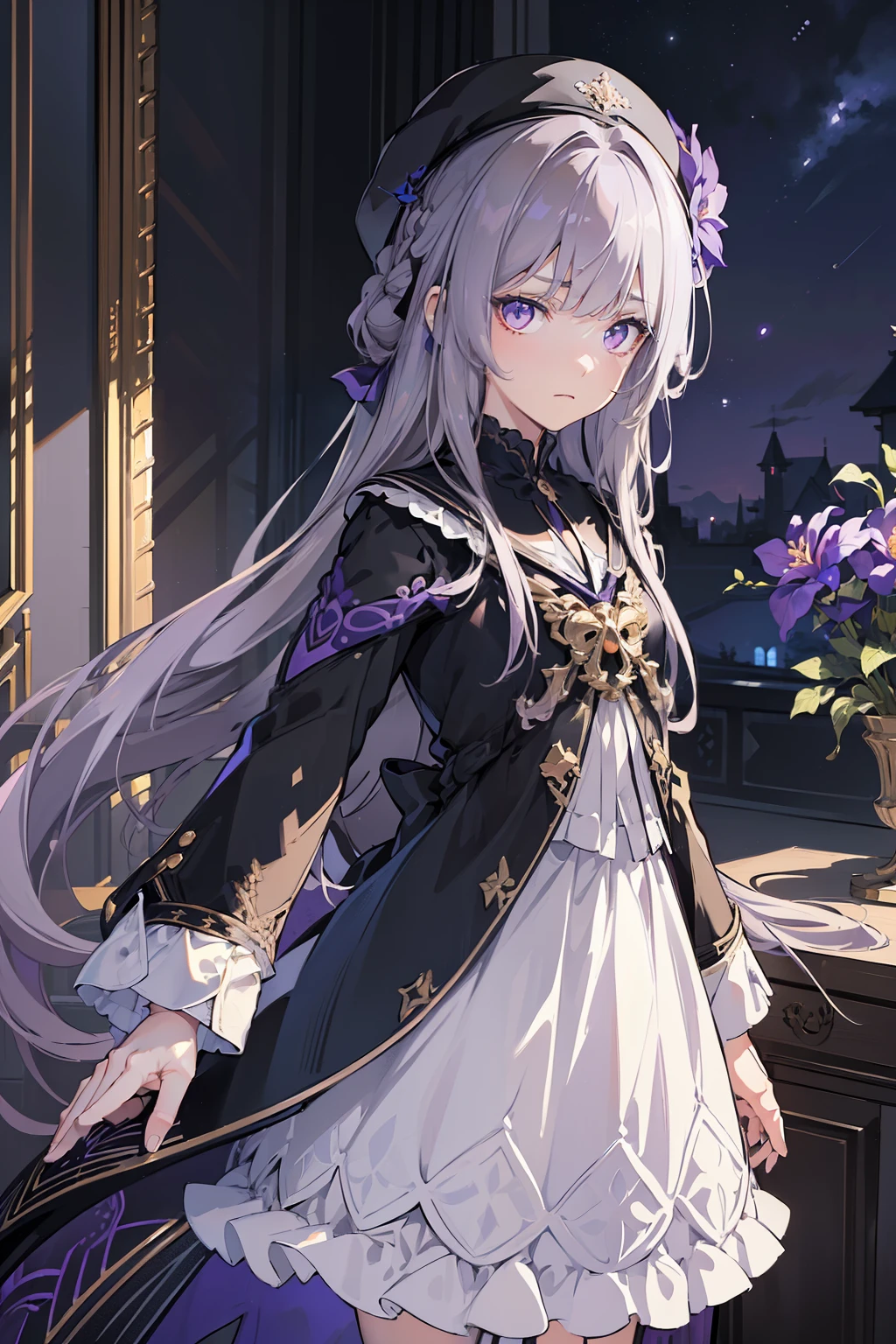 (best quality:1.3), (masterpiece:1.3), (illustration:1.3), (ultra-detailed:1.3), 1girl, solo, very young, flat chest, purple eyes, white hair, long hair, black dress, white coat, black beret, serious expression, angry expression, looking at viewer, purple flower, hair ornament, short, french braid, night sky, glowing purple butterfly, indoors, estate, mansion,