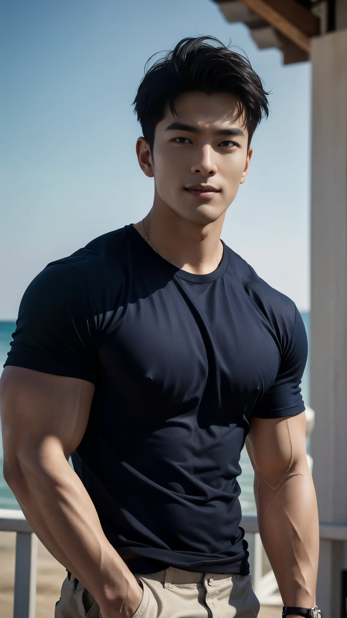 (Create a masterpiece: 1.2),(CGI art:1.3),(realistic:1.5),(After processing:1.3), (Sharp focus:1.3), 1 man, open mouth, smile, (Navy blue round neck shirt), Navy cargo pants, Korean guy , korean men, (High gloss details), chest muscles, large arm muscles, blood vessel, Big muscles, Broad shoulders, looking at the audience, Balancing the eyes, Seaside, beach, sunlight, running towards the camera