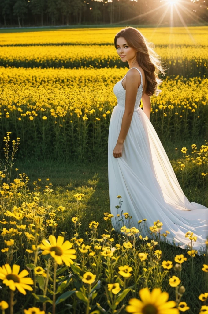 Beautiful woman in a flower field with beautiful sunlight