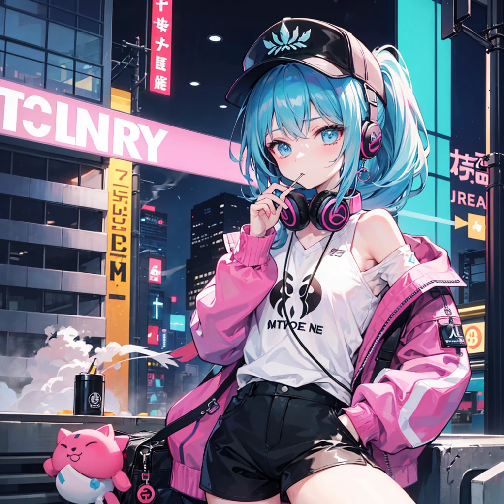 ((((Smoke a cigarette 1:Hair color 1 Put your headphones around your neck)))) (((Neon color pink and blue hair ponytail Wear a hat Off-the-shoulder hoodies))) ((cyber punk Earrings rooftop City of night)) (Shining Moon Shining Background)