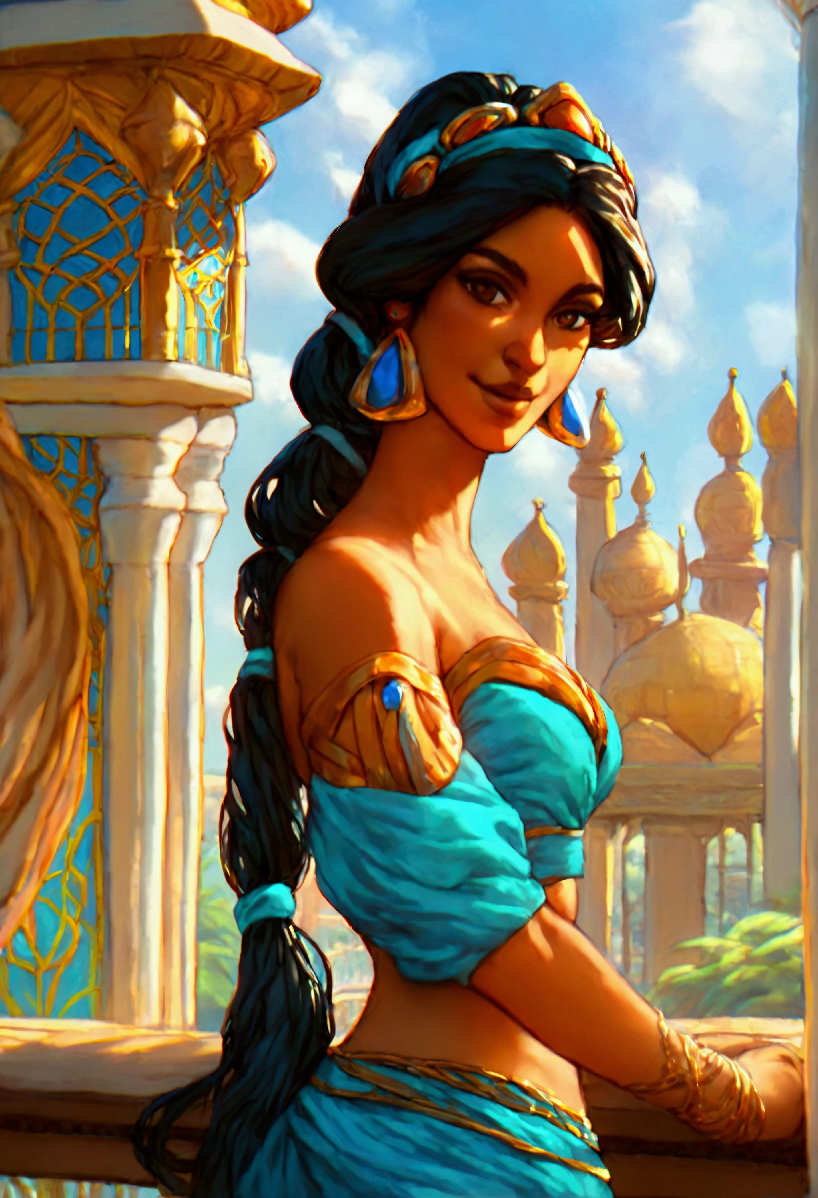 score_9, score_8_up, score_7_up, (solo close-up of Princess Jasmine:1.5) in (dynamic pose:1.0) on balcony of (Arabian palace:1.2), dark-skinned (gentle:1.1) beauty, ornate columns, starlit romantic sky, (architecture with intricate design and verdant vegetation:1.1), bright colors, (cartoon artstyle with bold lines:1.3), (warm ambient:1.2), rating_safe.