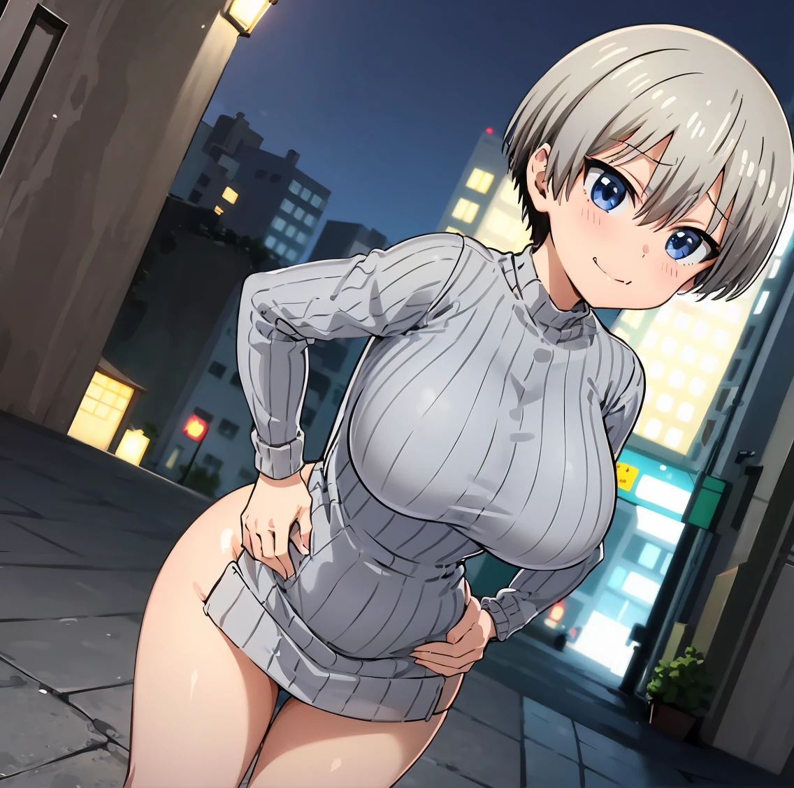 ((1girl)),((alone)),uzaki hana,(masterpiece), (best quality), (ultra detailed), (best illustration), (best shadow), (absurdities), sharp focus, cowboy photo , looking at the viewer, big breasts, narrow waist, wide hips, wide thighs, round butt, dynamic posture, gray hair, short hair, hair between the eyes, bangs, blue eyes, fangs, huge breasts, gray sweater dress, sweater ribbed,bare legs,smirking,closed mouth, (sexy pose:1.2), alone,standing:1.3, outdoor,night,cityscape, city,streets,city lights,looking forward, ((focus on hips )), pov (from below), red blush, perfect anatomy, perfect hands