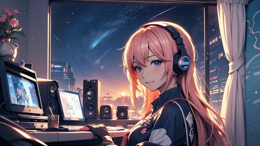 Woman wearing headphones, Anime Style 4 k, anime wallpaper 4k, anime wallpaper 4k, 4k anime wallpaper, anime art wallpaper 4k, anime art wallpaper 4k, Anime Style. 8K, Anime atmosphere, , Ultra HD Anime Wallpaper, Anime Art Wallpaper 8K, Anime Background,landscape、room、radio、radio、radioを聴いている、night、Starry Sky