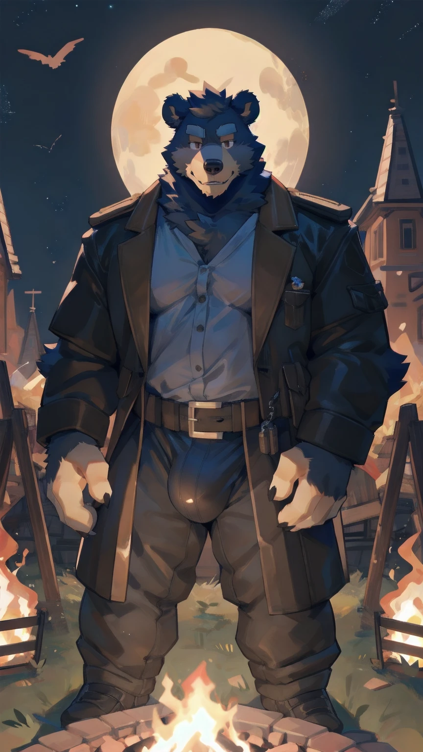 Solo, male, campfire under night sky, bulge, by bigcozyorca, by goonie-san, by bebebebebe, by spikedmauler, front view, big buff , bear, ebony black fur, black fur, bushy tail, buff, wearing brown fantasy leather armor, tall, masculine, bulge, sexy, sexy expression, ale in hand
