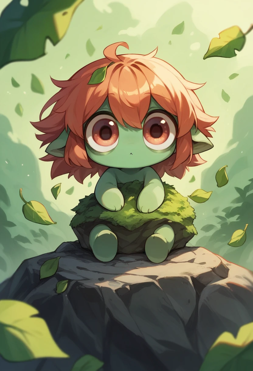 Very cute big eyes、A wild, shaggy-haired, terrifying creature, The creature is sitting on a rock among green leaves.. It&#39;s big, Blue eyes that seem interested in something. The leaf cap is wet、Water drops are falling. The sun shines through the mist、Creates a magical effect