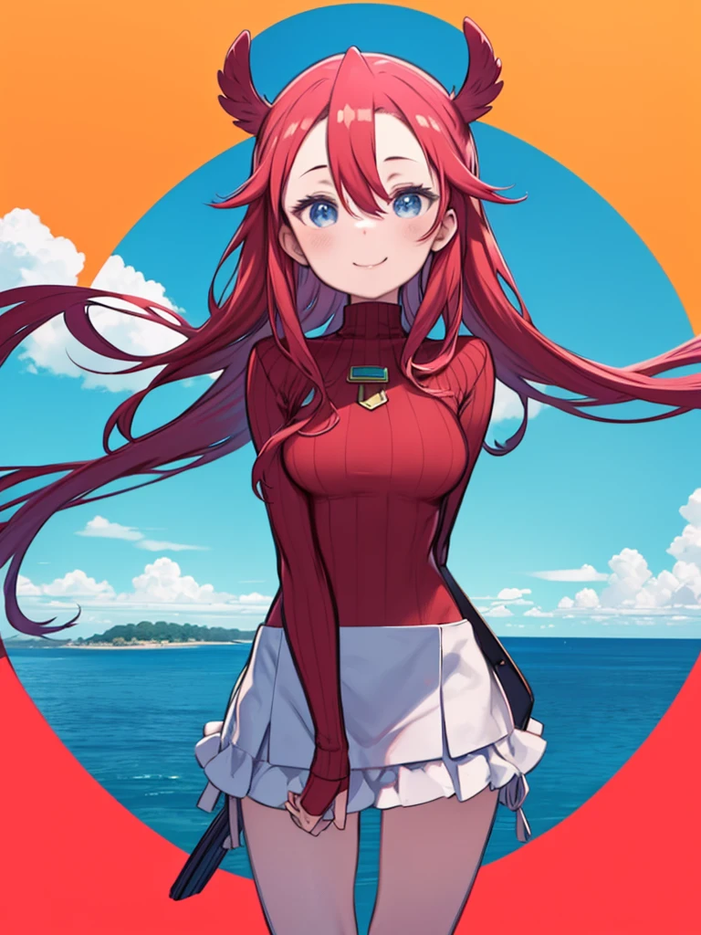 manga Pop Art style、Flat Color、Flat Shadows、One Girl、Red color hair、long hair、Hair between the eyes、Red turtleneck sweater、Blue Eyes、Big Breasts、Smiling、Watching the audience、Upper Body、Beachside,summer,blue sky,Baiyun,refresh,Vibrancy,Rolling Sea,coastline,