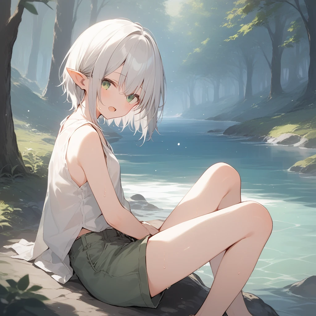 score_9, score_8_up, score_7_up, source_anime, best quality, masterpiece, official art, absurdres, highres, ultra-detailed,waifu2x,Collection: Slice of Life,break,1girl, elf, short hair, slender, androgynous, small breasts, beautiful detailed eyes, green shorts, sweat, open mouth, sleepily, outdoors, forest,break,(clear line illustration:1.2), super detailed skin,very high resolution, very aesthetic, Best sexual lighting powered by famous artist, 8k,cute picture,beauty illustration,photoshop_(medium),,(Detailed Lighting),best anime 8k konachan wallpaper, pixiv contest winner,