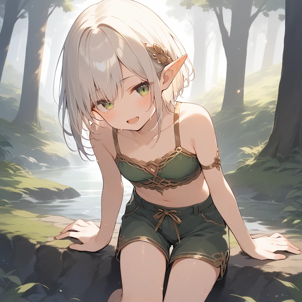 score_9, score_8_up, score_7_up, source_anime, best quality, masterpiece, official art, absurdres, highres, ultra-detailed,waifu2x,Collection: Slice of Life,break,1girl, elf, short hair, slender, androgynous, small breasts, beautiful detailed eyes, green shorts, sweat, open mouth,  sleepily, outdoors, forest,break,(clear line illustration:1.2), super detailed skin,very high resolution, very aesthetic, Best sexual lighting powered by famous artist, 8k,cute picture,beauty illustration,photoshop_(medium),,(Detailed Lighting),best anime 8k konachan wallpaper, pixiv contest winner, 