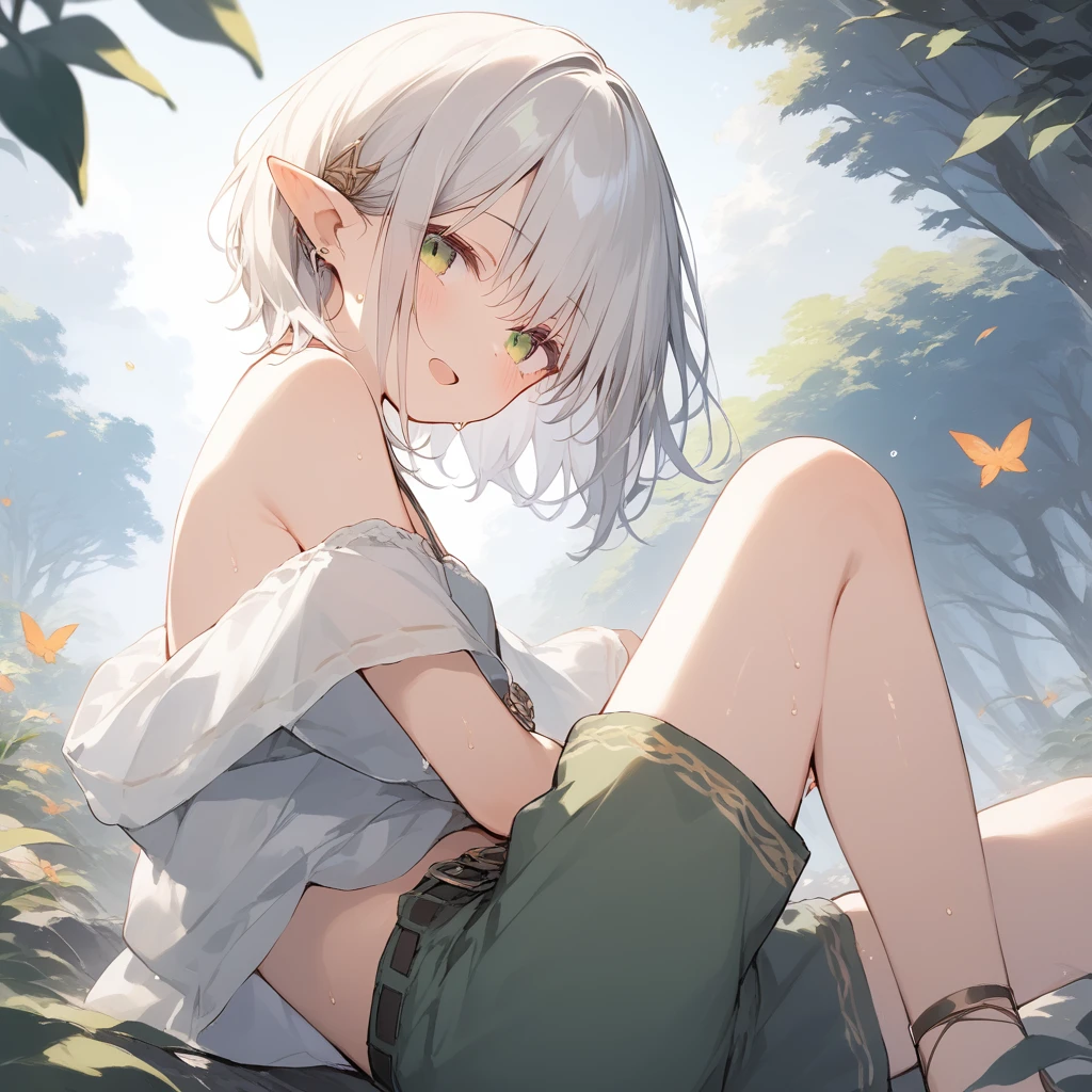 score_9, score_8_up, score_7_up, source_anime, best quality, masterpiece, official art, absurdres, highres, ultra-detailed,waifu2x,Collection: Slice of Life,break,1girl, elf, short hair, slender, androgynous, small breasts, beautiful detailed eyes, green shorts, sweat, open mouth, sleepily, outdoors, forest,break,(clear line illustration:1.2), super detailed skin,very high resolution, very aesthetic, Best sexual lighting powered by famous artist, 8k,cute picture,beauty illustration,photoshop_(medium),,(Detailed Lighting),best anime 8k konachan wallpaper, pixiv contest winner,