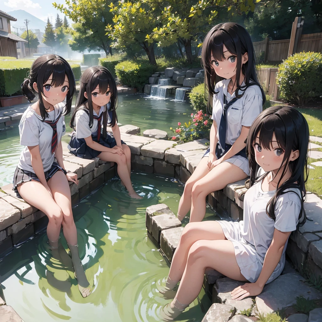 ((Highest quality)), ((masterpiece)), (detailed),Perfect Face,A group of naked junior high school students sitting in a row in a hot spring,