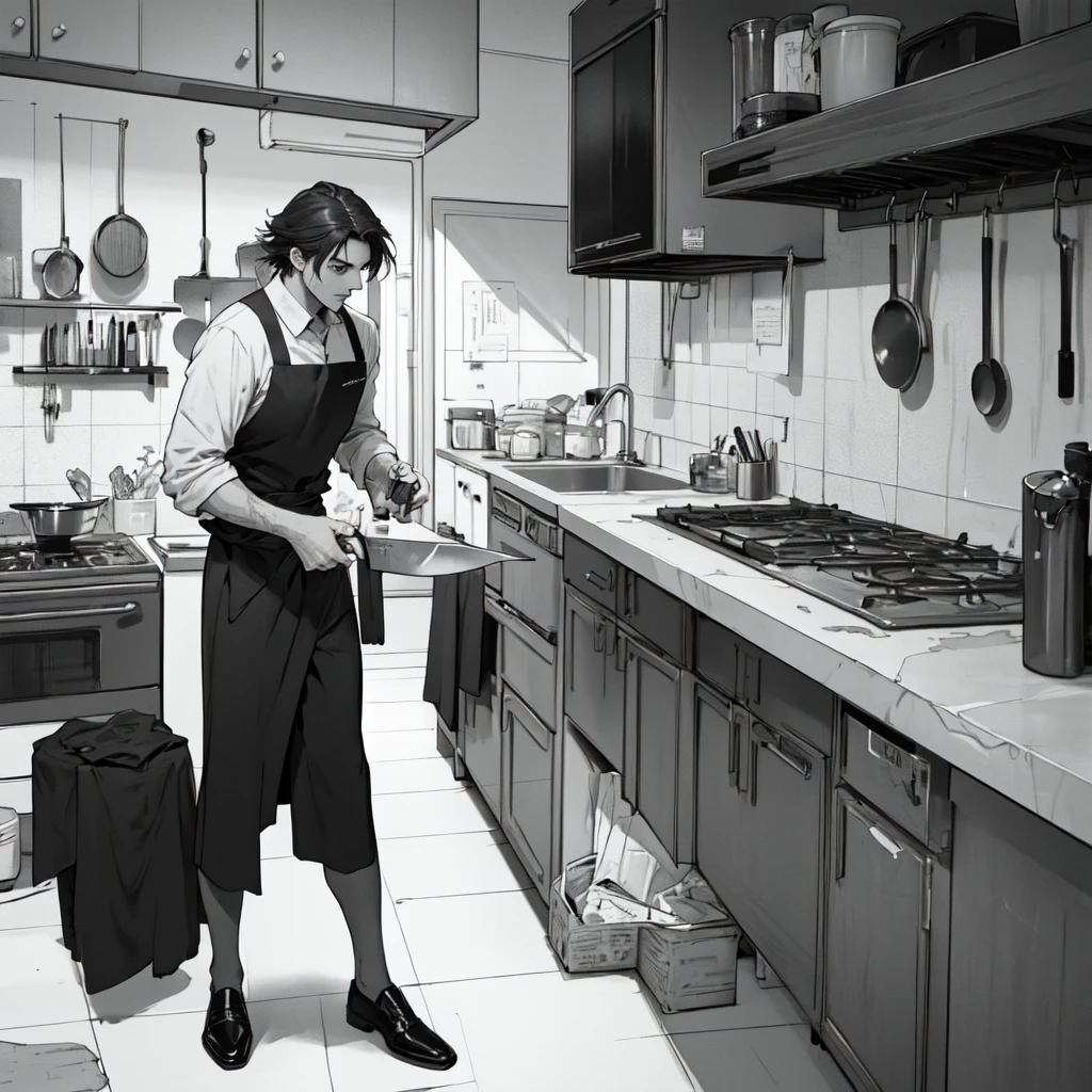 describe this scene of manga black and white: the well-dressed man pulled out a knife. scary scene in the kitchen place
