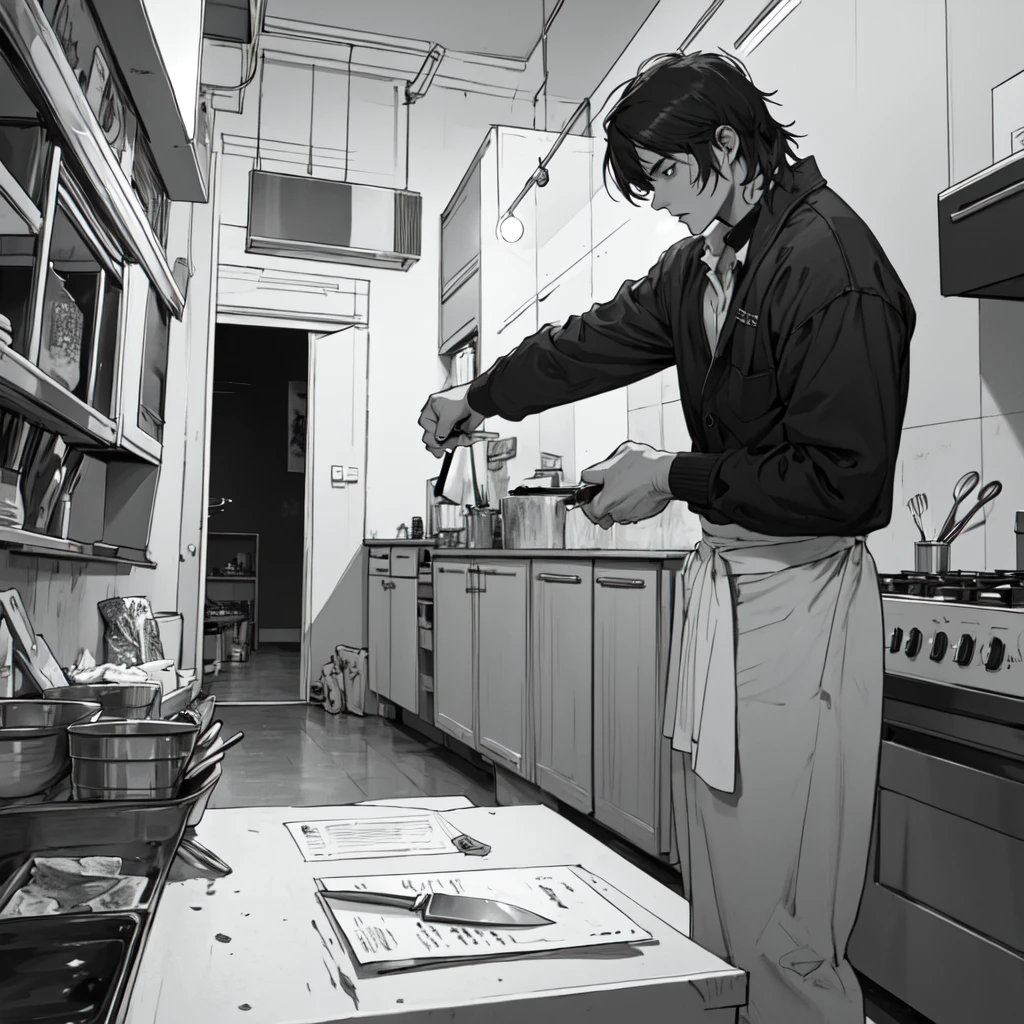 describe this scene of manga black and white: the well-dressed man pulled out a knife. scary scene in the kitchen place