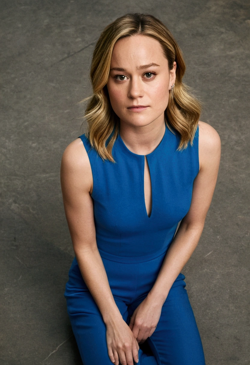 Brie Larson, straight hair, thin body, expressive eyes, above view, looking to the viewer, blue clothes