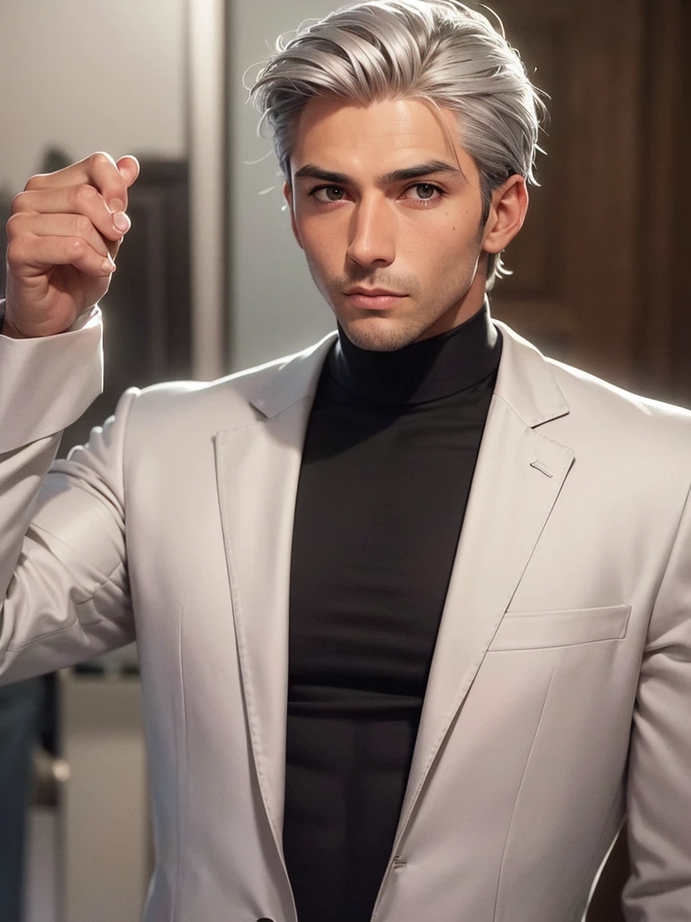 (best quality), 1boy, mature man, 34 years old, tanned skin, silver hair, short hair, hair loosely combed back, brown eyes, perfect eyes, muscular, handsome, small waist, strong jawline, cold expression, black turtleneck, coat jacket, fully clothed, clean face, masterpiece, anatomically correct, highres
