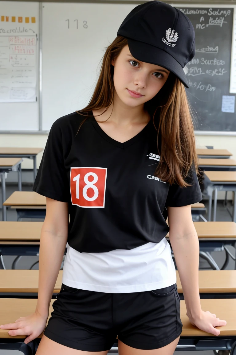  femme sexy et mince de 18 ans , black short sleeve short chandails, dans une salle de classe , casquette, ,jambe visible,se touche