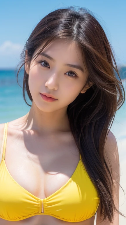 high resolution、Japanese women、beautiful、Beautiful woman、Woman in her 20s、Long Hair、Small Face、Ocean、beach、beautiful、Big Breasts、Realistic、Yellow bikini swimsuit