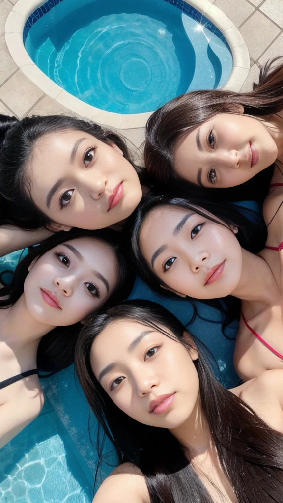 This photo was taken from a slightly lower angle of the three beautiful sisters by the pool, right after their gravure shoot.., Her round eyes are slightly droopy., Eyebrows slope gently downwards towards the eyes, K-POPアイドルのようなナチュラルメイクで彩られた美しい瞳. The woman on the far left has beautiful layered dark hair.., Elegant and attractive, And he&#39;Late 20s&#39;s. The woman in the middle has wavy hair..、Sexy and young々Full of new charms。. The woman on the far right、Beautiful mixed-color hair、Full of cute charm。. (((3 different sensual and sexy poses: 1.3))), ((Too small, Wearing a colorful triangle bikini:1.3), A sparkling necklace adorns a sexy neckline, Trendy strap high heelakes your legs look fresh and attractive., And she smiles with a confused look.