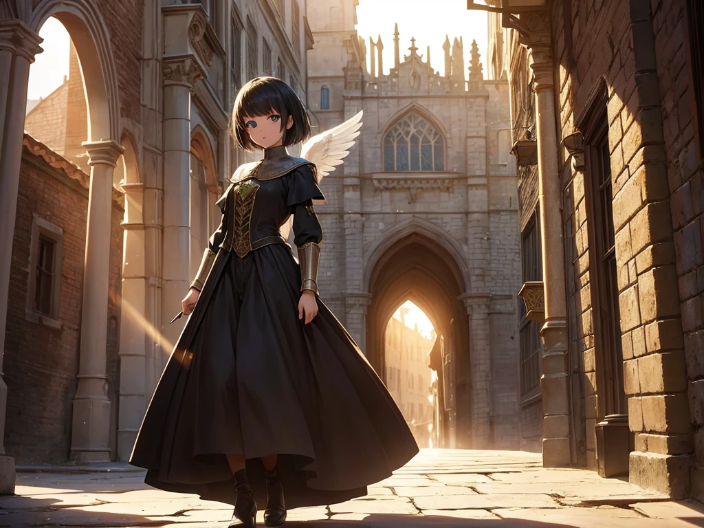 (Dramatic light), (medieval city), (sun bright), a traver, magician, medieval dress, with medieval coak, (perfect angel), focus face, full body shot, sharp face, ung girl, cute, green eyes, black short hair, magic circle, medieval city background