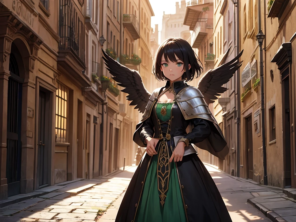 (Dramatic light), (medieval city), (sun bright), a traver, magician, medieval dress, with medieval coak, (perfect angel), focus face, full body shot, sharp face, ung girl, cute, green eyes, black short hair, magic circle, medieval city background