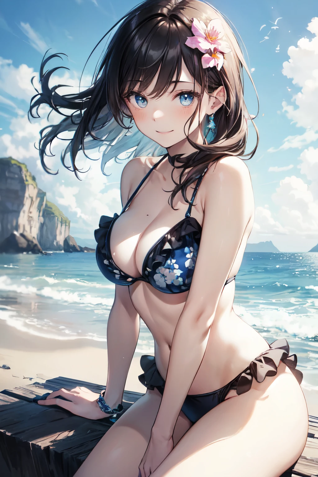 very cute and beautiful girl,(highly detailed beautiful face and eyes),(frilled floral pattern blue and white bikini),
sitting,beautiful legs,beach,distant rugged cliffs,(smile),happy,looking at viewer,black hair,
(best quality,masterpiece),absurdres,highres,ultra-detailed,extremely detailed,32k,
cinematic scene,detailed background,solo,dynamic angle,
hair fluttering in the wind,beautiful detailed sky,realistic,