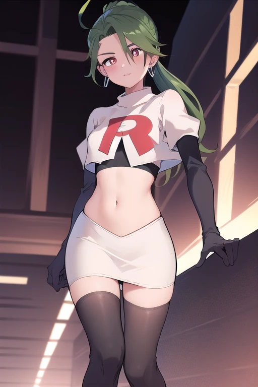 absurdres, best quality, 1girl, solo, eye focus, looking at viewer,  rika, ahoge, ponytail, bright pupils, white pupils, earrings, green hair, red eyes, bright pupils, team rocket,team rocket uniform,white skirt,red letter R,crop top,black thigh-highs,black elbow gloves