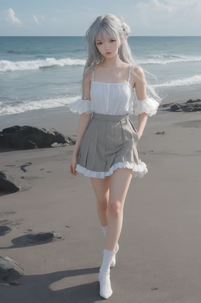 ((masterpiece)), ((best quality)), ((highres)), ((extremely detailed CG unity 8k wallpaper)), solo, tachibana kanade, tan , black skirt, white socks, outdoors, face, beach, hanging hair, parted hair, silver hair