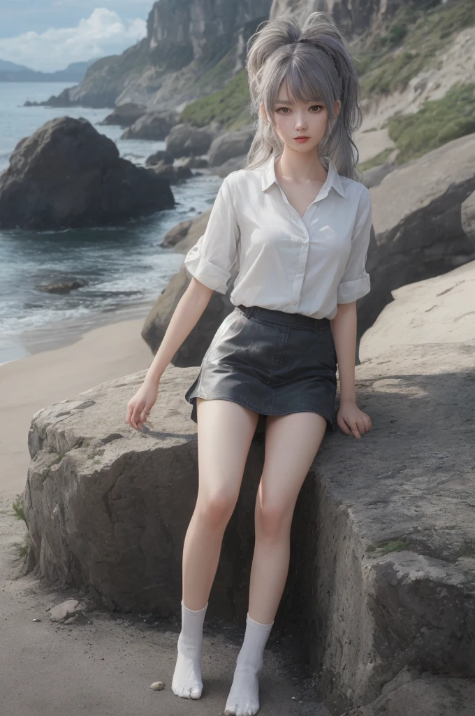 ((masterpiece)), ((best quality)), ((highres)), ((extremely detailed CG unity 8k wallpaper)), solo, tachibana kanade, tan , black skirt, white socks, outdoors, face, beach, hanging hair, parted hair, silver hair