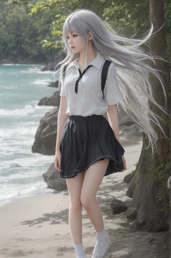 ((masterpiece)), ((best quality)), ((highres)), ((extremely detailed CG unity 8k wallpaper)), solo, tachibana kanade, tan , black skirt, white socks, outdoors, face, beach, hanging hair, parted hair, silver hair