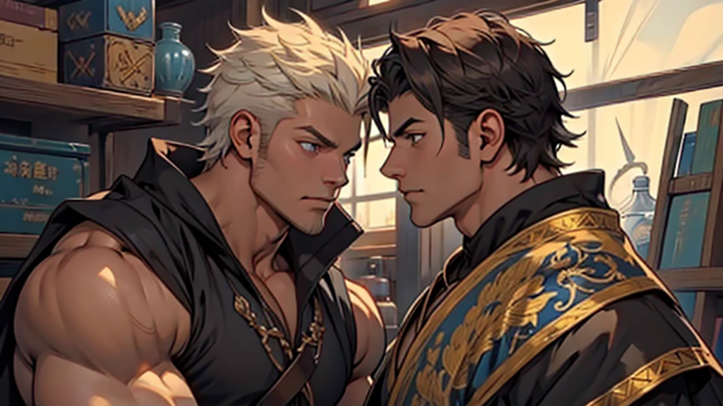 32k, high quality , Detailed face , Detailed eyes, muscle , Short Hair ,Medieval FantasyRPGGame Style、傷だらけのmuscle質な男の戦士