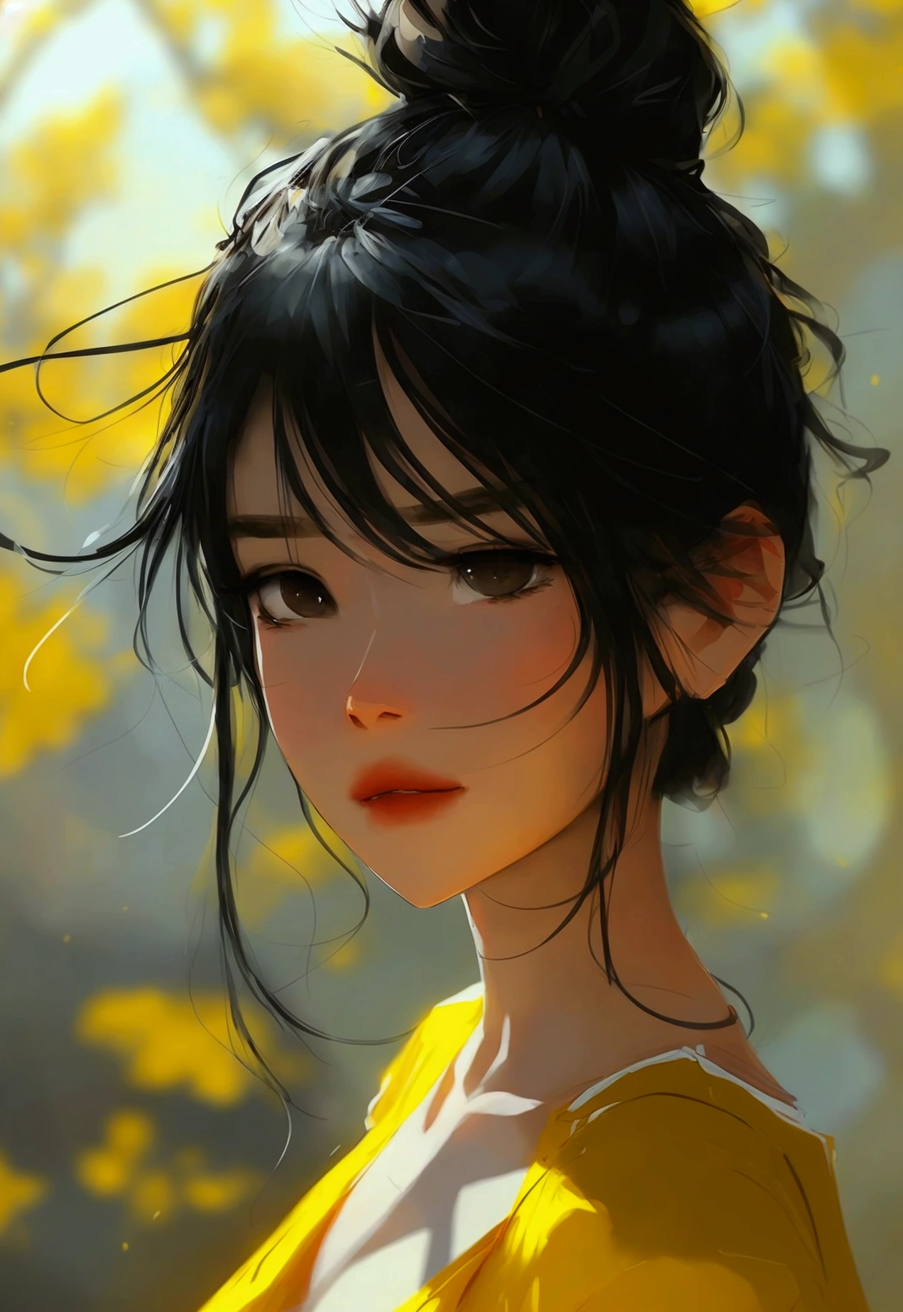 Samdos Arts、woman、Asian、Black Hair、ponytail、22 years old、yellowTshirt、Moderate bust