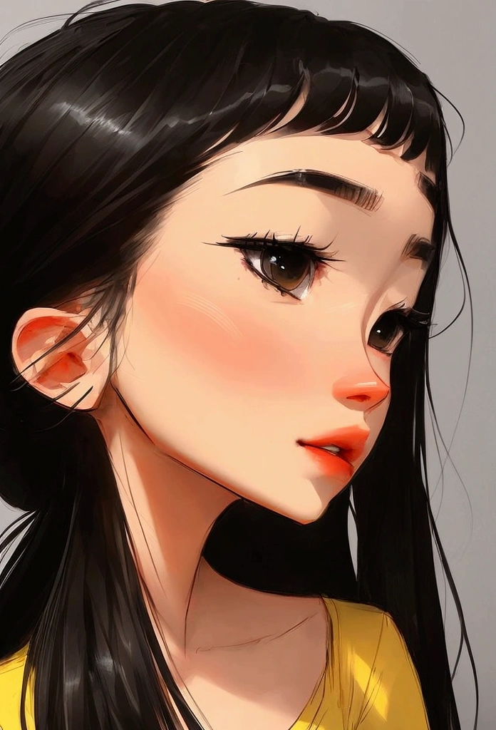 Samdos Arts、woman、Asian、Black Hair、ponytail、22 years old、yellowＴshirt、Moderate bust