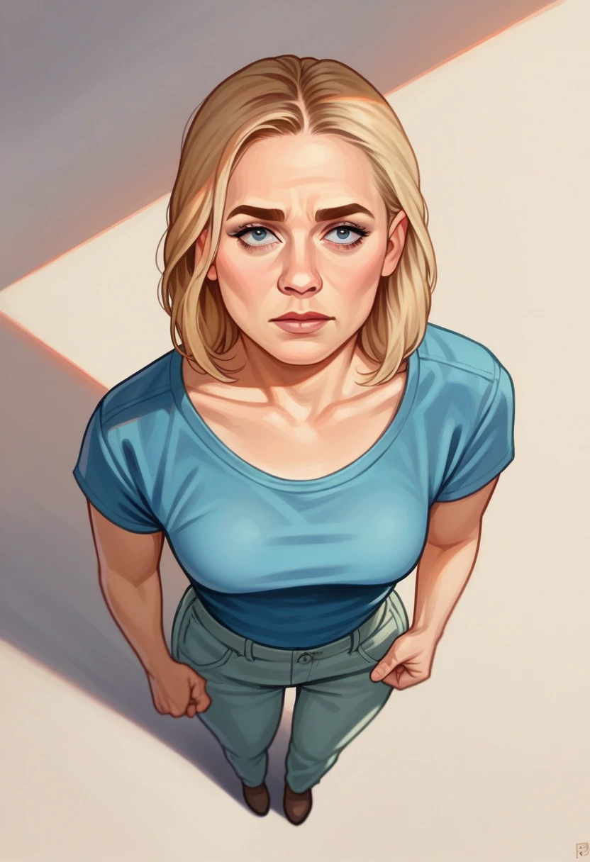 Brie Larson, straight hair, thin body, expressive eyes, above view, looking to the viewer, blue clothes