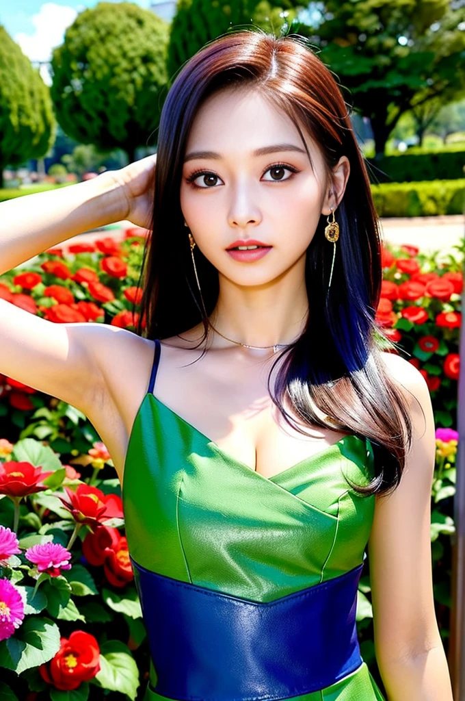 Tzuyu 1, woman, (Realistic), (Hyperrealism), (photoRealistic), Written boundary depth, eye make up:0.7 (whole body:1.8), (Large Bust),(Tight waist), Observe the audience,At the flower garden, Fashion Model, A sexy dress with open shoulders and neckline
