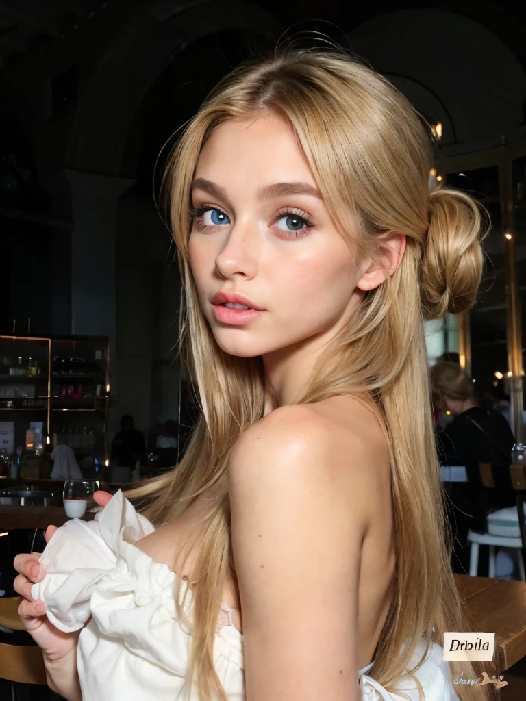 doll brown eye ashy golden blonde hair which is down european eyes