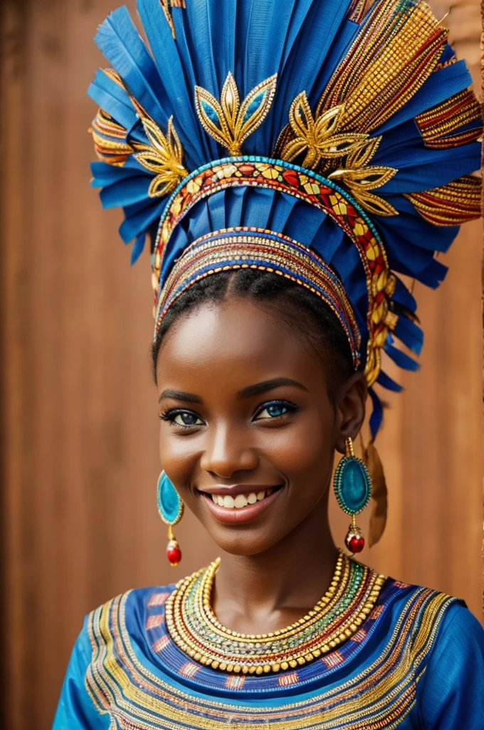 African beauty, Smiling, with beautiful, expressive, blue eyes, slim, in traditional dress and headdress, With bright, traditional print, decorations, lots of jewelry