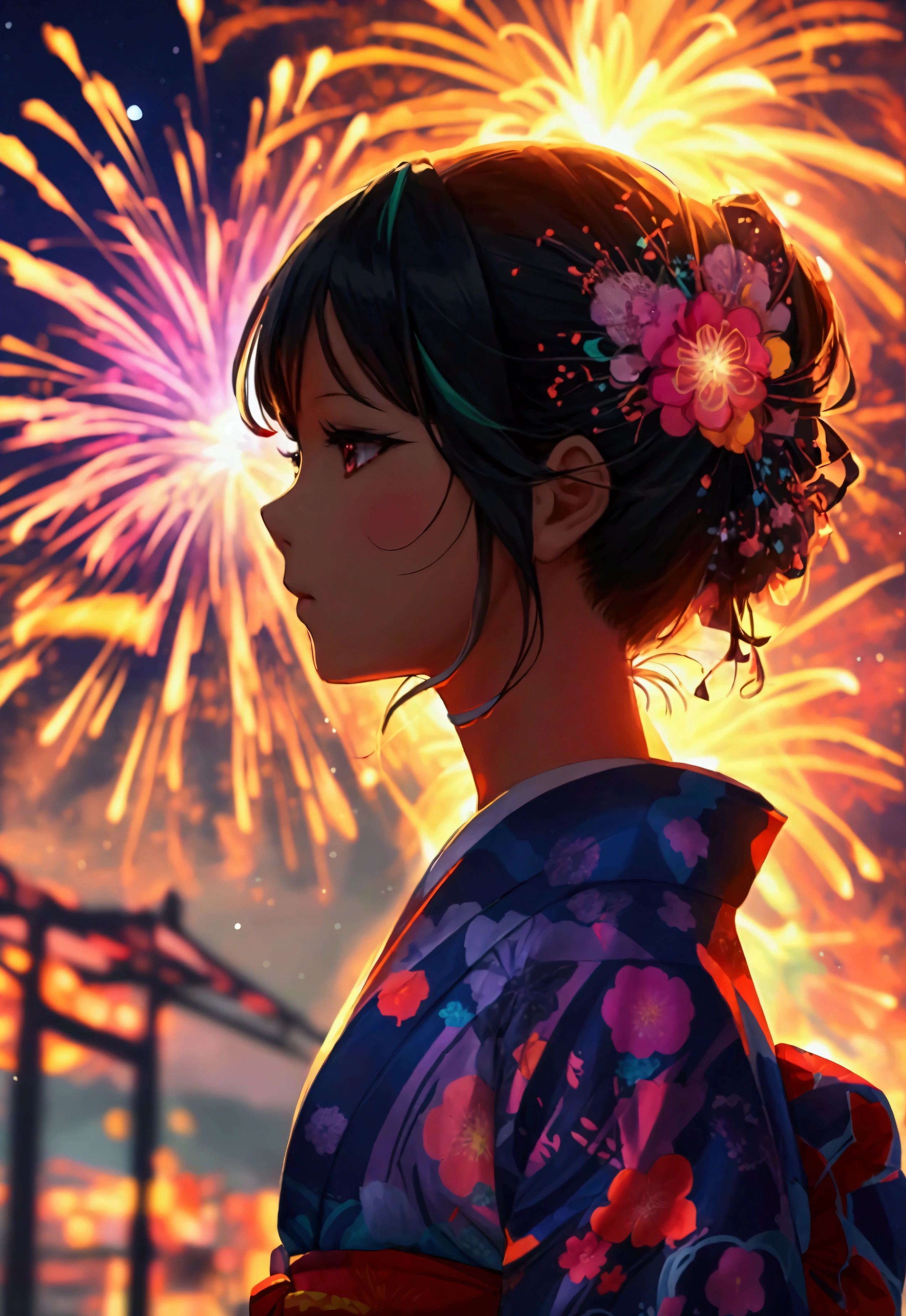 Anime girl's silhouette in yukata features vivid and fantastic fireworks, colorful geometric patterns and double exposure to the universe, fantastic contemporary art, digital illustrations, ultra-precision illustrations, high definition, dynamic angles, beautiful details, 8k,