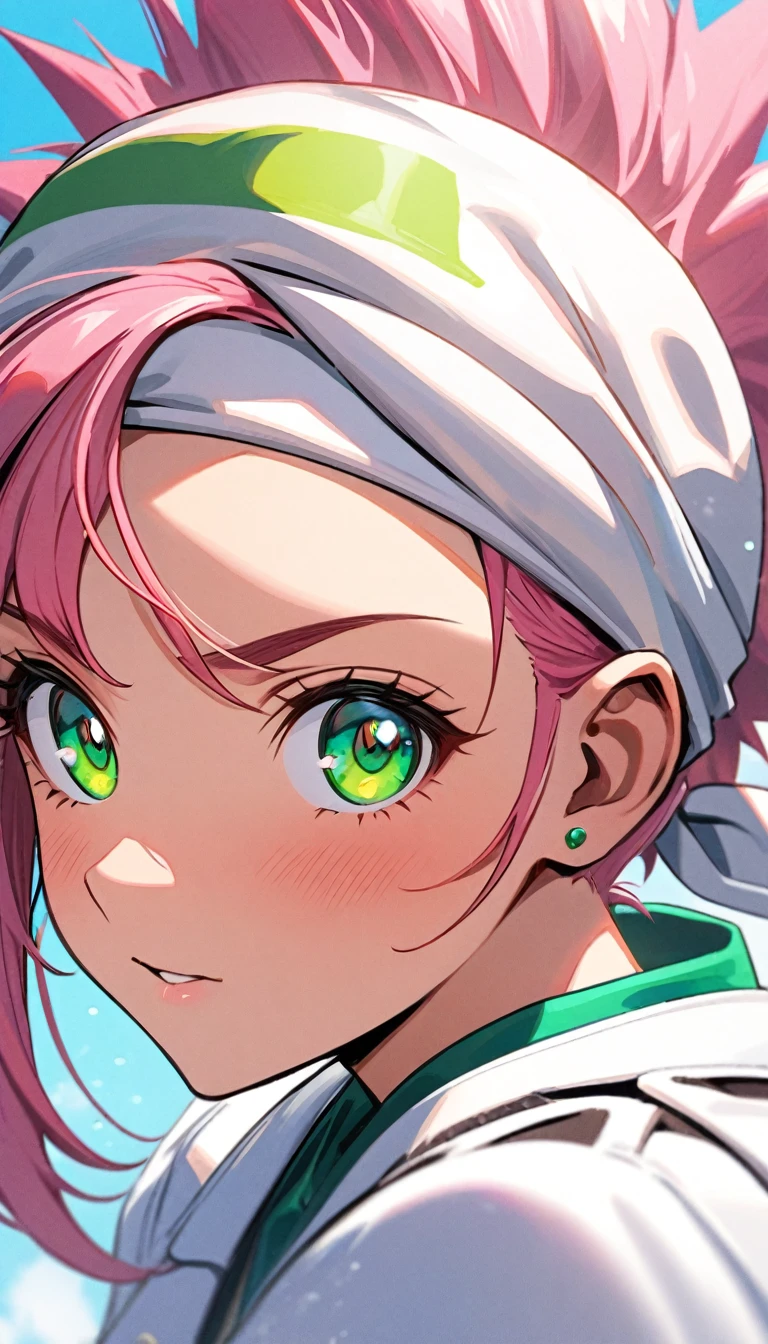 "Teenage girl with short spiky pink hair and vibrant green eyes,Sun-kissed skin, athletic build. Wearing a white skirt, white blazer, ,and sneakers,leather bracelet, a bandana on her head.portrait,Lively and adventurous expression."