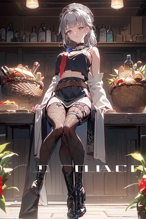 (perky chest:1.2), (pointed chest:1.2),(Pudding cake magazine cover:1.3),(from below:1.2),(shoot from the side:1.1),(((Black Tunic:1.3))),(((cakes and bread in the basket),a 23yo Cute and beautiful girl,masterpiece、highest quality、Very detailed、Beautiful fine details、Detailed landscape、Braided Ponytail、Red camisole、((B cup breasts, Tank top showing underboob:1.0)), thigh strap, bangs, necktie, earrings, nail polish, fishnet pantyhose, silver hair, looking at viewer, full body, bottle, own hands together, belt, food, ring, choker, english text paper:1.2, collared shirt, blue eyes, hat,lace-up boots , 